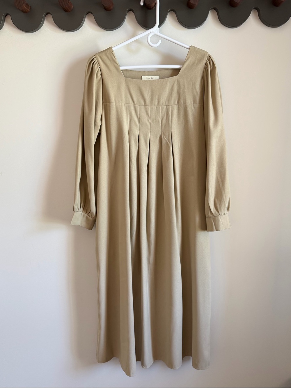 Korean Beige Pleated Long-Sleeve Midi Dress
